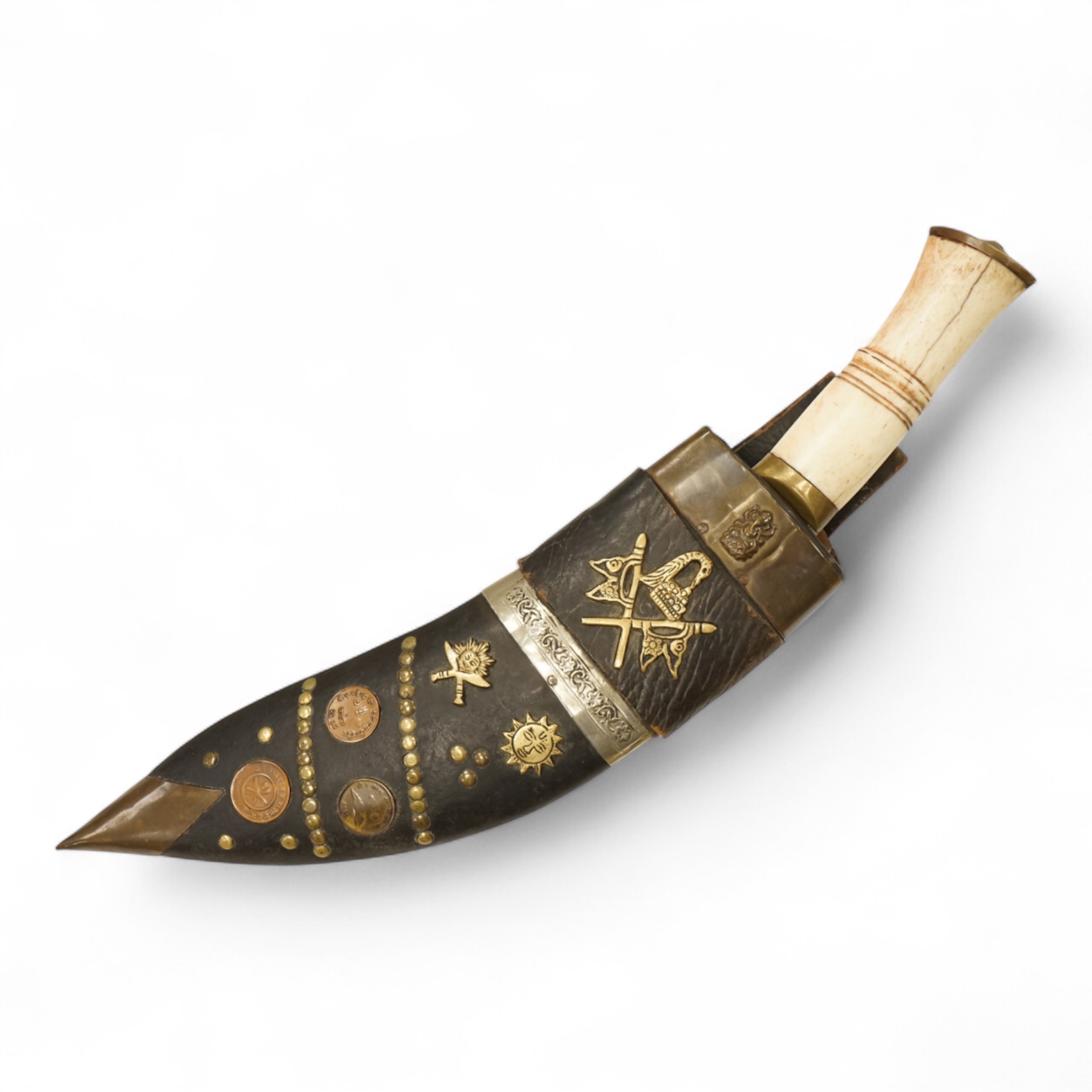 A bone handled Kukri knife, in mounted sheath